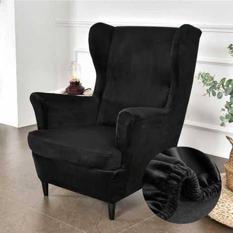 2 pièces, housse fauteuil à oreilles velours extensible, housse coussin T-forme, noir, pour rénovation intérieure