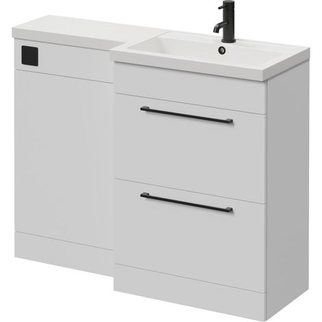 Napoli 390 Gloss White 1100mm 2 Drawer Vanity Unit Toilet Suite with Square Right Hand Lucia Basin - 1100mm - Matt Black 320mm HandleWithout Kingston Toilet Pan