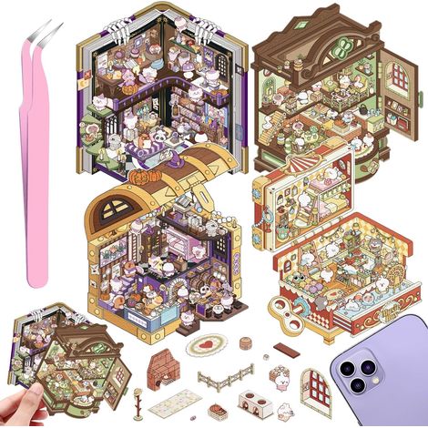 4 Sets DIY 3D Autocollant Scène, DIY Amusants House Stickers, Créer Votre Cafe, Boutique, Restaurant, Adorables DIY Autocollants de Scène avec 1 Pincette pour Soulager Stress