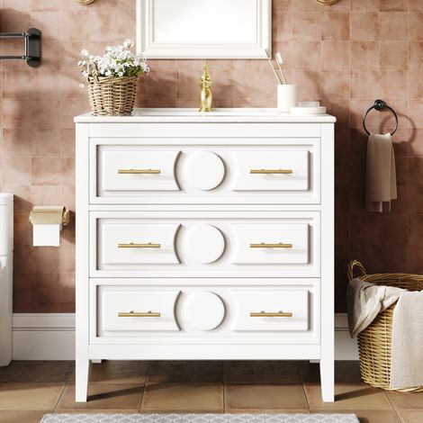 Meuble sous-vasque blanc 81 x 46,5 cm avec vasque en céramique, 3 tiroirs, meuble-lavabo rétro avec fonction Soft-Close, meuble de salle de bain sur pied avec poignées en métal (1/5)