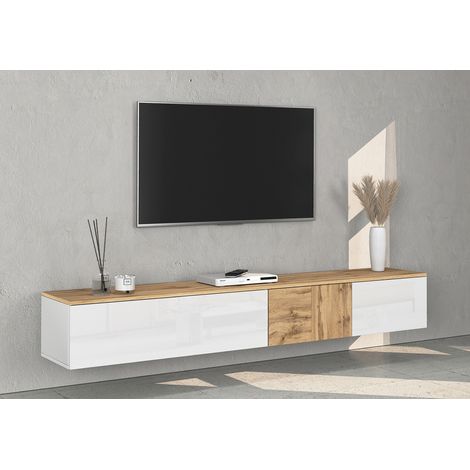 Meuble TV suspendu moderne blanc brillant/chêne wotan Isayane (1/5)