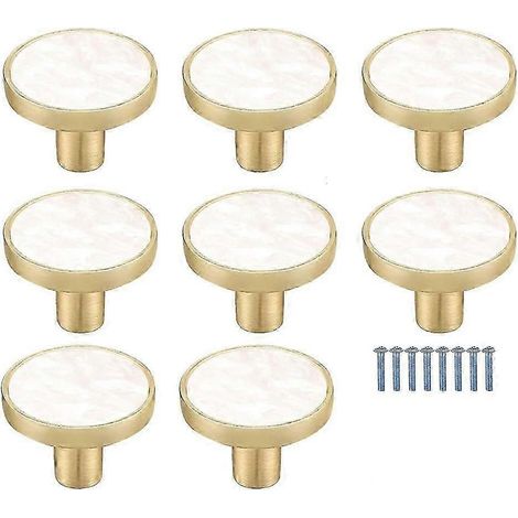 Lot de 8 boutons de meuble ronds en laiton marbré blanc - Boutons de tiroir décoratifs blancs - Boutons de commode dorés pour meubles de cuisine, patères (1/5)
