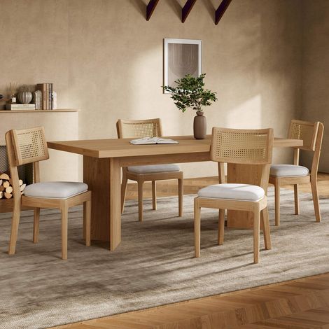 Lot de 2 chaises de salle à manger en bois massif, dossier en rotin tressé, assise en lin rembourrée, style naturel moderne (1/5)