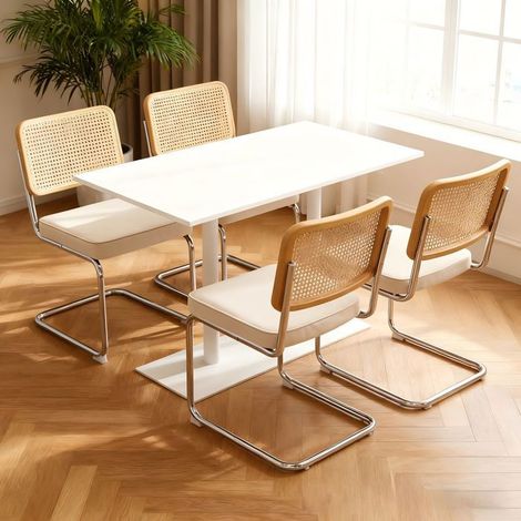 Lot de 4 Chaises de Salle à Manger Revêtement velours Dossier en rotin Pieds chromés Rembourrées Design Breuer (1/5)