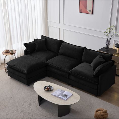 Sofá esquinero 3 plazas 267x154x85 cm con puf móvil, tejido chenilla y estructura de madera - negro (1/5)