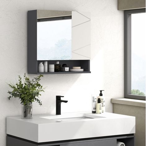 Badezimmerspiegelschrank 55x17x55 cm grau Holz mit verstellbaren Einlegeböden und offenem Fach (1/5)