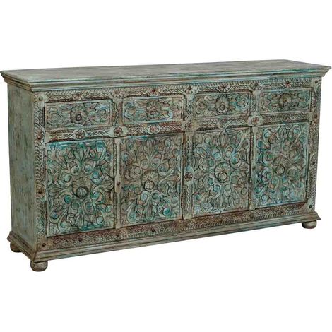 Aparador de madera artesanal tallado a mano azul 180x45x96h cm (1/5)