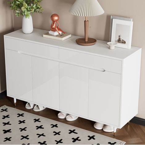 MODFU – Zapatero 140x39x84 cm de aglomerado con 2 puertas, 2 cajones, estantes regulables, para 18-24 pares y carga 60 kg – Blanco/oro (1/5)
