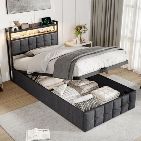 Bett 90x200, Bett 90x200 mit Lattenrost, Einzelbett, Einzelbett, Modern und Funktional mit RGB-LED-Kopfteil, USB-C-Anschluss, Gasfeder-Stauraum und elegantem grauem Leinenbezug (1/5)