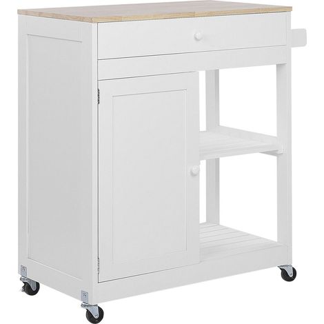 Beliani – Desserte de cuisine chariot à roulettes – Plateau supérieur en bois de pin clair – 3 tablettes de rangement – Dimensions 75x44x87 cm – Style rustique