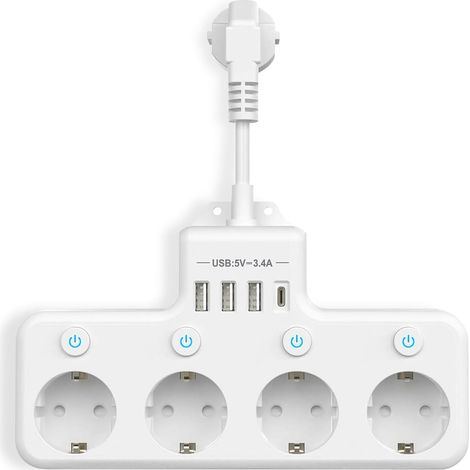 Regleta multitoma con puertos USB, regleta de 4 enchufes con interruptores individuales, 3 puertos USB y 1 puerto tipo C (5 V, 3,4 A) para cocina, salón, dormitorio, oficina. (1/5)