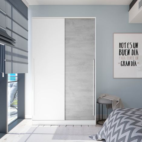 Pegane – Armoire penderie 2 portes coulissantes en bois blanc mat et gris ciment – Dimensions 200x120x50 cm – Barre de penderie et 3 étagères (1/4)