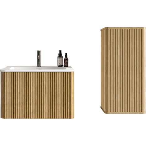 Meuble salle de bain suspendu 2 pièces avec vasque, sous-meuble et colonne, design rainuré blanc mat et bois clair, pour petit espace CHICFURN (1/5)
