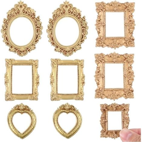 8 miroirs miniatures pour maison de poupée, bordures dorées sculptées, style victorien baroque européen, décoration murale échelle 1/12, accessoires dorés miniatures (1/5)