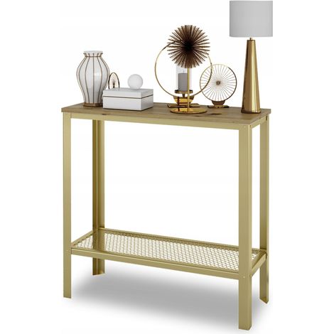 Consolle imbullonata con ripiano a rete, stile loft/corridoio, oro + rovere artigianale (1/4)