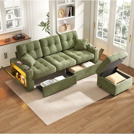 Ecksofa 194.5x133x83 cm grün Chenille mit USB-C, LED, Becherhaltern und Stauraum (1/5)