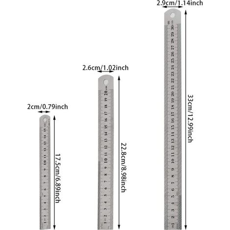 3pcs Règle en Acier Inoxydable 15cm 20cm 30cm avec Double Face,Règle Comprenant Système Métrique et Impérial Pour Dessiner des Mesures