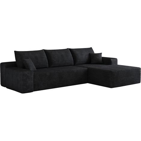Canapé d'angle modulaire 270 cm en velours côtelé noir avec chaise longue L, sans montage (1/5)