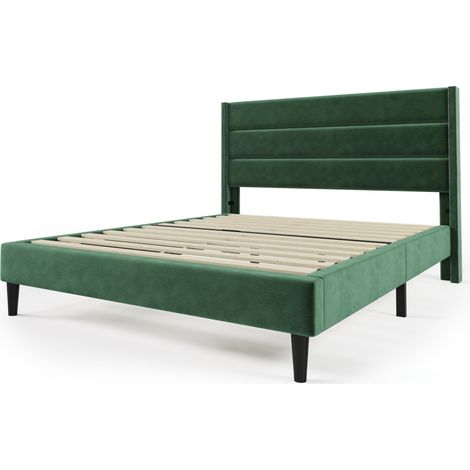 Letto imbottito 140 x 200 cm con rete a doghe e testiera, velluto verde scuro, design moderno (1/5)