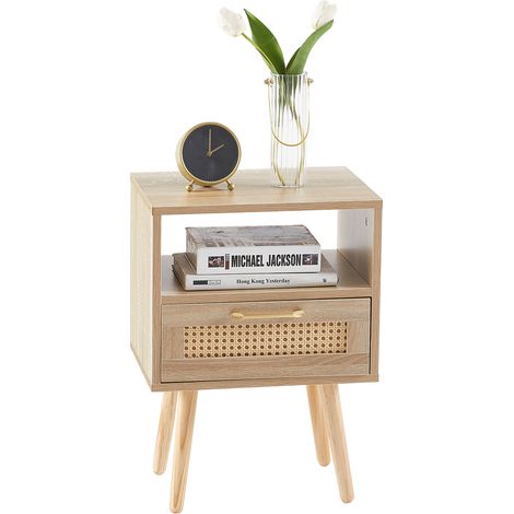Table d'appoint en rotin avec tiroir et pieds en bois massif, table de chevet moderne, table d'appoint pour salon, chambre, aspect bois naturel - H 55/L 40/P 30 cm