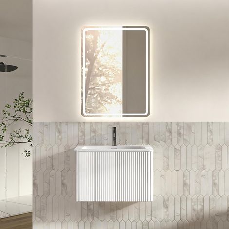 Ensemble meubles salle de bain 60 cm avec miroir LED 60x80 cm, vasque avec meuble, blanc, pré-monté (1/5)