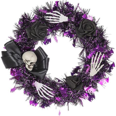 Couronne Halloween pour porte 35 x 35 cm – Décoration gothique avec crâne et roses – Ornement mural pour Halloween (1/5)
