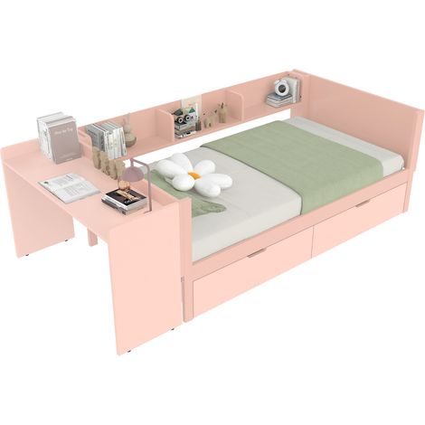 Letto singolo 90x200 cm con scrivania, 2 cassetti e 3 ripiani, design salvaspazio in pino e pannello truciolare, rosa, CHICFURN (1/5)