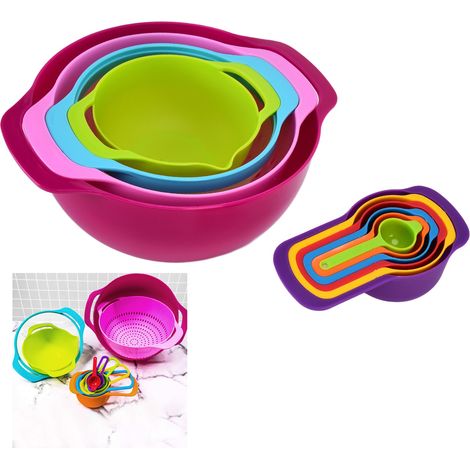 Ensemble de 10 pièces comprenant : cuillères doseuses arc-en-ciel, bol doseur arc-en-ciel pour la pâtisserie, passoire à riz, assiette à salade et cuillères doseuses combinées. (1/5)