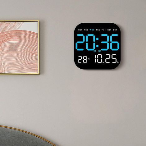 Horloge murale numérique électrique LED avec télécommande, affichage multifonction, réveil, température, date, heure pour la maison (bleu) (1/4)