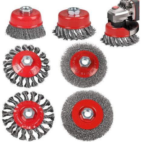 6-Piece Set of 75mm, 100mm, and 125mm Wire Brushes for Angle Grinders, M14 Angle Grinder Brushes, Wire Cleaning Brushes for Drills, Angle Grinders, Conical Disc Brushes for Rust Removal and Polishing (1/5)