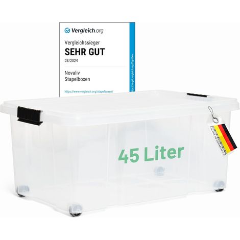 Boîte de rangement Novaliv avec couvercle, grande 45L, transparente, emboîtable, boîte en plastique empilable avec fermeture à clip, boîte Euro avec