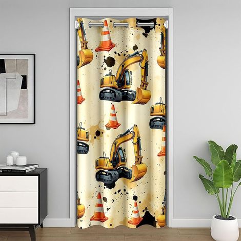 Rideau de porte en forme de pelleteuse, 132 x 203 cm, motif engins de chantier, voitures, pour garçons et filles, style rétro, pour séparation de pièce - 132L X 203H cm (1 Panneaux) (1/5)