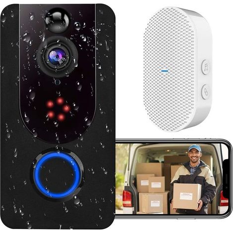 Sonnette vidéo sans fil 1080P, sonnette avec caméra avec détection de mouvement PIR, caméra de sonnette avec service cloud gratuit à vie, étanche IP64, vision nocturne claire, grand angle 166° (1/5)
