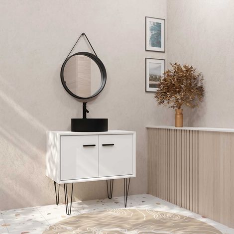 Mobile da bagno 80 cm bianco e nero con piedi - 2 ante - Lavabo rotondo e specchio da barbiere nero