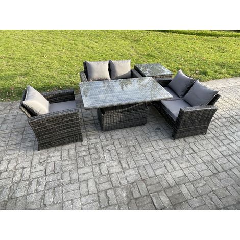 Fimous 5pcs Rattan Gartenmöbel im Freien Set Einstellbare Höhe Esstisch Sofa Set mit Beistelltische Dunkelgrau Gemischt (1/5)