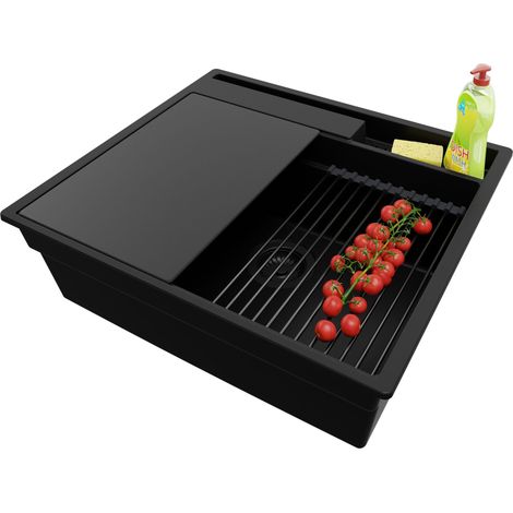 PRIMAGRAN Evier Cuisine en Granit 58x53cm,Lavabo 1 bac + Kit de Vidage + Accessoires, Évier à Encastrer au meuble 60cm - Oslo Pocket, Tout Noir (1/5)
