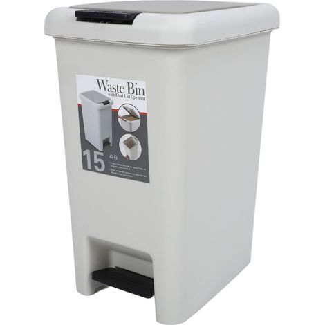 Poubelle à double couvercle 15L Gris ABS Résistante aux rayures Ouverture par pression ou pédale Design compact pour salon et salle de bain (1/5)