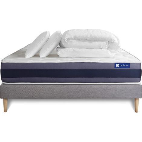 Komplettpaket Bett - Matratze 180x200 cm + Boxspringbett mit Lattenrost (im Set) + 2 Kopfkissen + Bettdecke - Actiflex Morpho