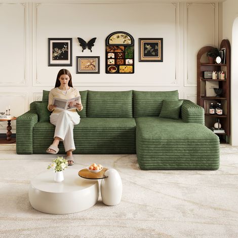 Sofa con motivo nuvoloso da 241 cm, divani moderni minimalisti rivestiti, comodo divano a forma di L per il soggiorno, seduta profonda con angolo, senza montaggio richiesto, Verde (1/5)