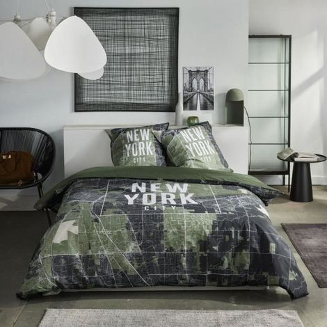 Ropa de cama - TODAY - JAVA - 2 personas - 240x220 cm - Algodón - Impresión Nueva York - Verde (1/4)