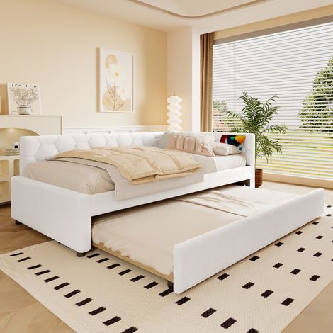 Tagesbett Bouclé Weiß 90x200 cm mit Ausziehbett, Lattenrost, USB- und Typ-C-Anschluss (1/5)
