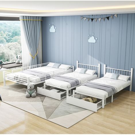 CHICFURN Letto a castello 3 posti 140x200 + 2x90x200 cm in metallo bianco, 2 cassetti (1/5)