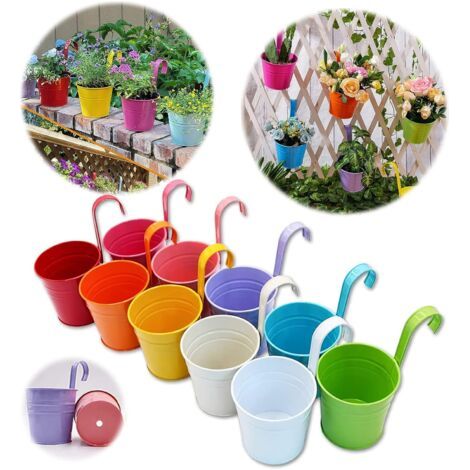Ineasicer Grand Pot de Fleurs en métal avec Trou de Drainage, Crochet Amovible (10 pièces avec 10 Couleurs Assorties)