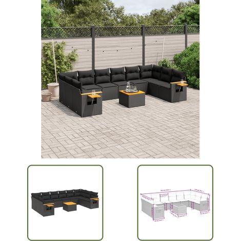 The Living Store Salon de jardin 11 pcs avec coussins noir résine tressée - Ensemble Salon De Jardin - Canapé Extérieur - Meuble De Jardin - Rotin Synthétique - Mobilier De Jardin Design