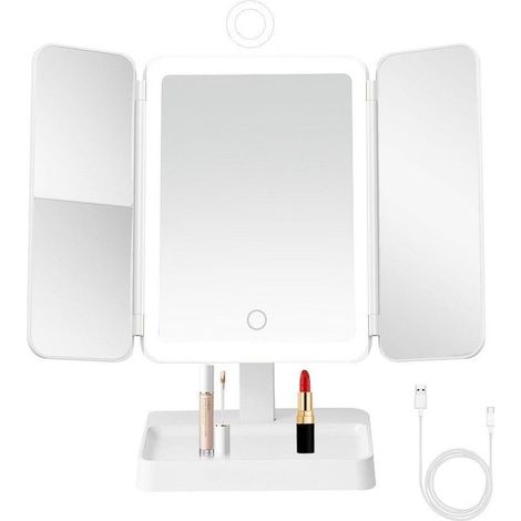 Miroir de maquillage sur pied à trois volets avec écran tactile, grossissement 2x et 3x et éclairage LED (1/5)