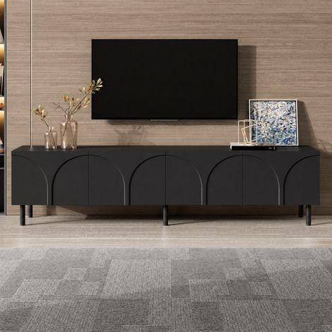 Meuble TV bas 180x35x49 cm, 4 portes à façades ondulées en relief 3D, 2 compartiments, pieds en métal, MDF et panneaux de particules, noir (1/5)