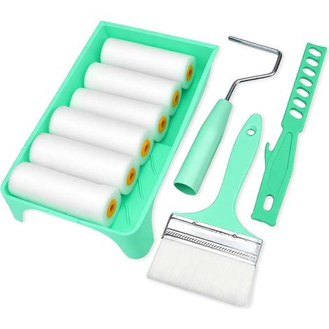 Lot de 10 rouleaux de peinture en mousse de 10 cm avec bac à peinture et rouleaux de rechange pour meubles, bois, portes et plinthes, idéal pour la rénovation avec des couleurs brillantes (1/5)