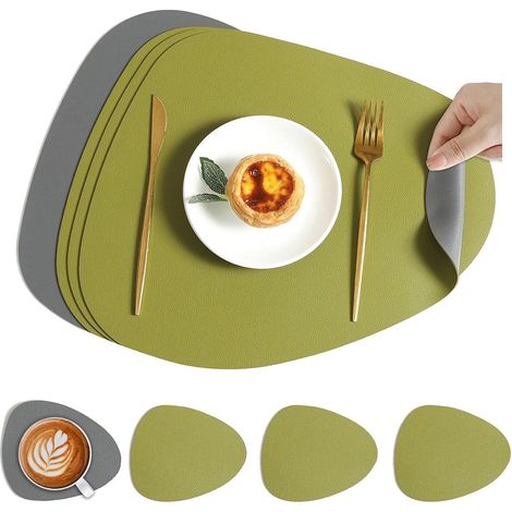 Set di tovagliette e sottobicchieri bicolore (4 pezzi) - resistenti al calore - antiscivolo - Per tavoli da pranzo - tavolini da caffè - e cucine (verde + grigio scuro) (1/5)