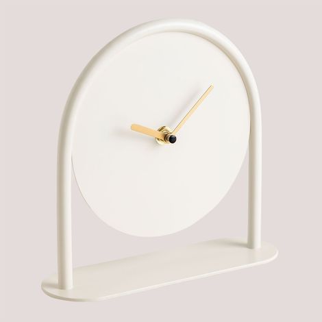 Sklum – Horloge de table en fer – Couleur blanche – Dimensions 18,5 cm x 19 cm x 6 cm – Aiguilles dorées vintage pour décoration intérieure (1/5)