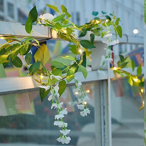 Guirlande lumineuse de 20 fleurs de glycine blanches artificielles à LED, fil de cuivre décoratif, alimentation solaire (1/4)